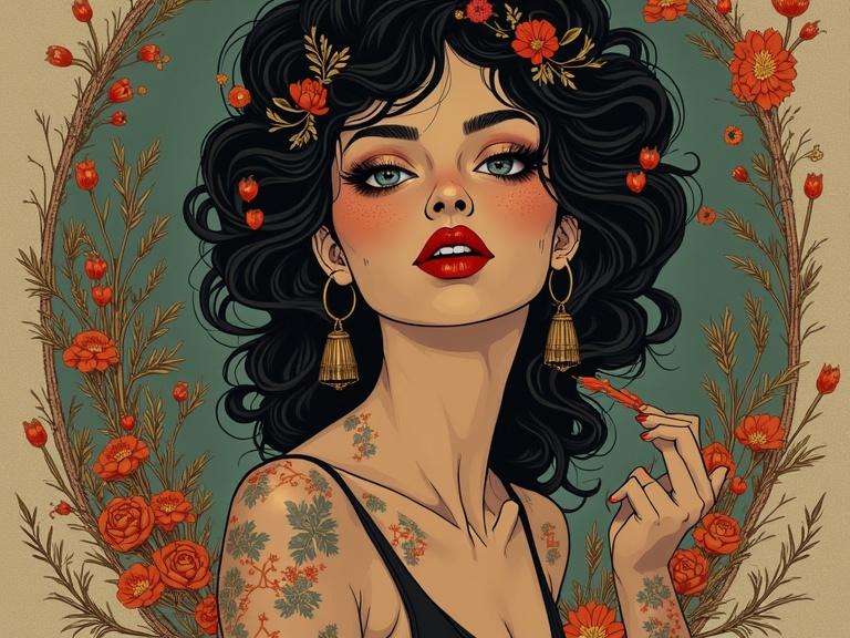 A stylized illustration of a woman with dark curly hair, adorned with flowers and wearing statement earrings. She is holding a cosmetic item, with a soft smile and an artistic background.