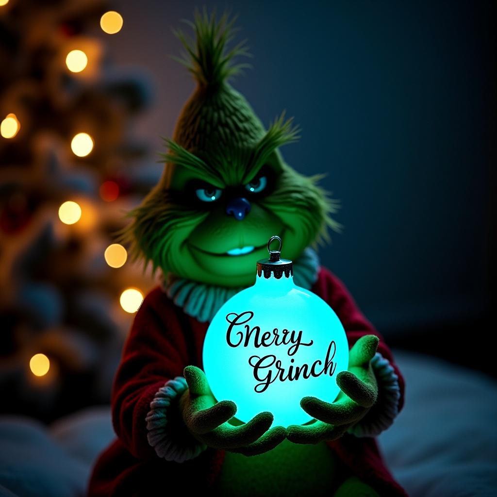 A Grinch holds a glowing blue Christmas bauble. The bauble has elegant script. A dark setting enhances the glow. Twinkling Christmas lights create a magical mood.