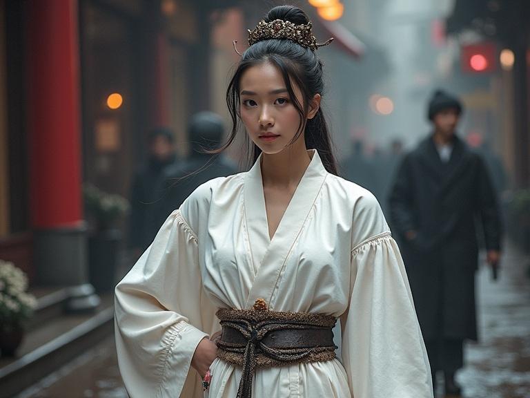 A young woman in traditional attire standing on a street. Misty background with urban elements. Elegant expression and soft lighting create a serene ambiance.
