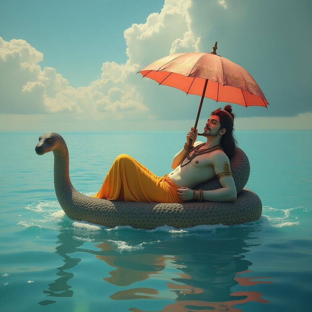 A serene depiction of Lord Vishnu laying on a large five-headed snake in a peaceful milk ocean. The vibrant figure displays traditional attire while holding a coral red umbrella. Soft clouds float in the bright sky above.