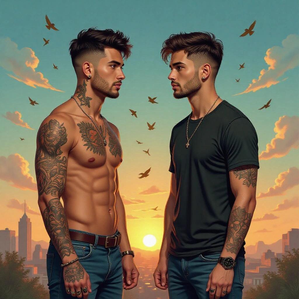 Illustration of two friends with contrasting appearances in a fantasy urban landscape. One man is muscular and covered in tattoos, the other is slim with no tattoos. Background features a sunset with birds and an urban skyline.
