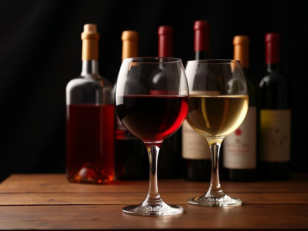 This image showcases a beautiful composition of red and white wine glasses under soft, mood lighting. The glass on the left holds deep red wine, capturing the warm light that accentuates its color. Next to it, the glass on the right contains a light golden white wine, reflecting a gentle glow. Behind the glasses, several bottles of wine are elegantly arranged, hinting at a night of fine tasting. The wood texture of the surface adds warmth, while the dark background creates an intimate atmosphere.