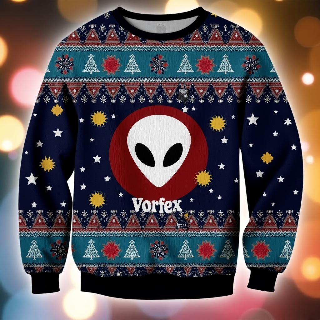 An alien themed Christmas jumper features space raiders design. The jumper includes vortex branding. The background is colorful and festive.