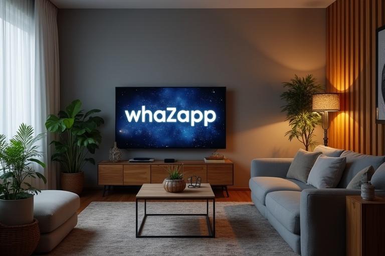 Display the word 'whazapp' on a television in a modern living room with plants around. Feature a cozy couch and a coffee table with warm lighting.