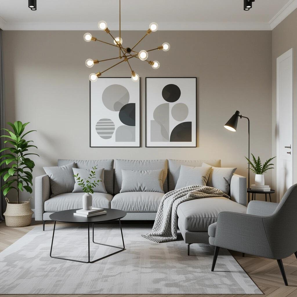 Stylish living room with gray sofa and geometric art. Green plants add texture and life. Soft lighting creates a cozy atmosphere. Minimalist design with a touch of modern elegance.