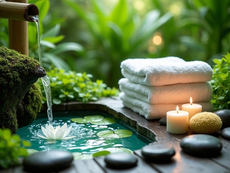 Vibrant lush green garden scene depicting serene inviting spa-type environment. Water cascading from bamboo spout onto moss-covered rocks. Clear turquoise pool below with bubbling water. Surrounded by green lily pads and blooming white lilies. Four neatly folded white towels on dark wooden surface. Two lit candles casting warm glow nearby. Textured light yellow loofah rests near candles. Various small green plants scattered throughout. Smooth dark stones visible at water's edge. Softly blurred background with green foliage and sunlight filtering through leaves.