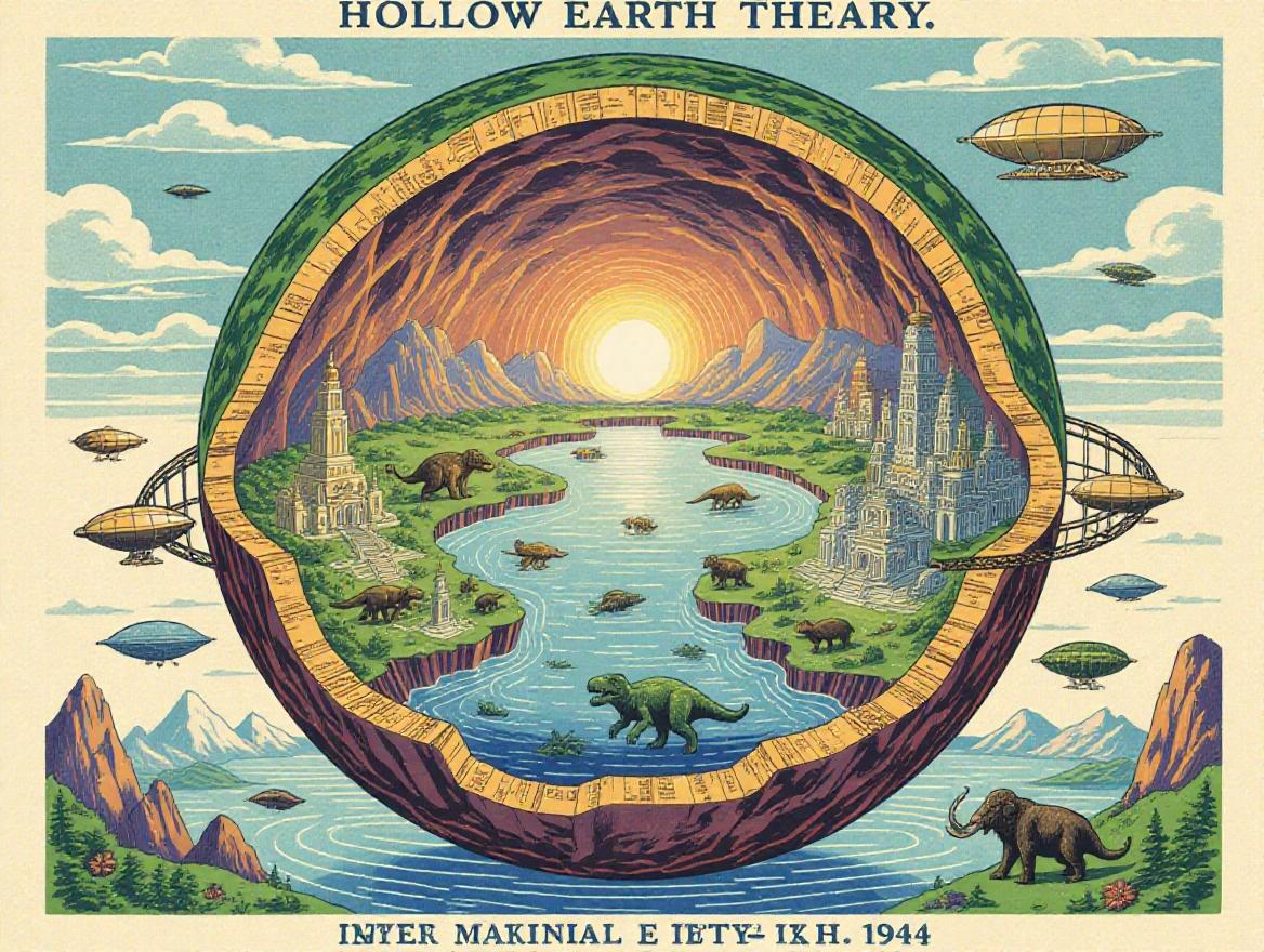 Vintage illustration representing Hollow Earth theory with cross-section details. Thick rocky outer shell featuring lush landscapes. Glowing central sun in hollow core. Vast oceans, floating continents, flora, and fauna including dinosaurs and mammoths. Depiction of advanced ancient civilizations with grand cities and steampunk elements. Art resembles early 20th-century scientific illustrations with aged texture.