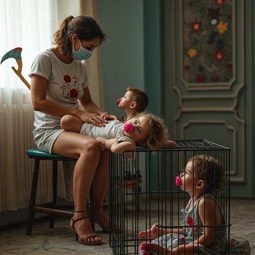 A playful scene with a mother and her kids. Young girl lies head on a stool. Mother holds a toy axe. Girl has a huge pacifier. Two siblings are locked in a small cage waiting for their turn with pacifiers. Mother wears a mask. The atmosphere is fun and lighthearted.