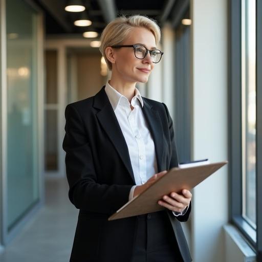 A Swedish woman in a corner office. She wears business casual clothes. Short blonde hair. Glasses on her face. Carrying a clipboard. Brightly lit space with a view.