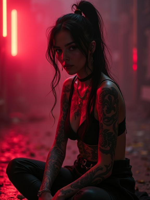 Cinematic image of young woman in dark fantasy outfit. She has intricate tattoos blending diverse styles. Striking red and pink color palette. Sitting gracefully with hands on knees. Piercing gaze draws viewer in. Cinematic atmosphere creates mystical experience.