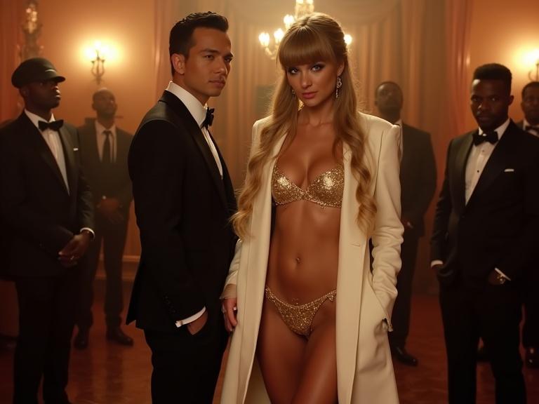 Scene in a luxurious nightclub featuring a couple. A woman with long blonde twintails in a stylish gold bikini and overcoat. She wears high heels. Next to her stands a man in a black suit. Black men in the background are observing. It is a full body shot of the glamorous scene.