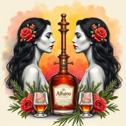 Stylized illustration with two women in profile. Both women have long flowing hair with flowers. Their skin is in grayscale. A copper distillation apparatus is at the center. An apothecary-style bottle of Alfruno whiskey is displayed below. Two glasses filled with whiskey are on each side. The background has watercolor warm hues of orange yellow and red with flowers and rosemary around the bottle and glasses.