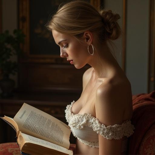 Blonde woman softly illuminated sitting on a couch reading a book. She has a relaxed posture. The setting has warm colors and elegant design.
