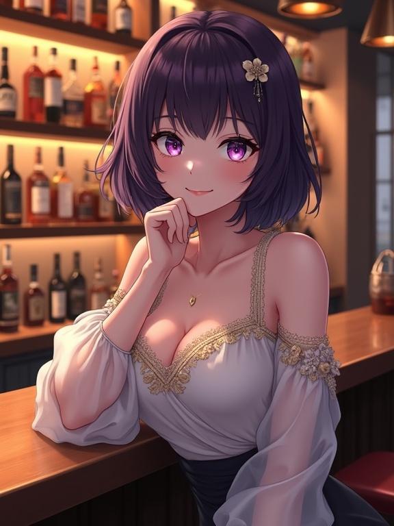 Image shows a stylish lady in an anime art style. She has shoulder-length dark violet hair with decoration. Her eyes are expressive and light violet. She has light skin and a gentle smile. She wears a white top with gold embroidery and a dark skirt. Her hand is near her chin, resting on a bar. The background is a dim bar with shelves of drinks. The bar counter is polished wood. Soft warm lighting enhances the ambiance.