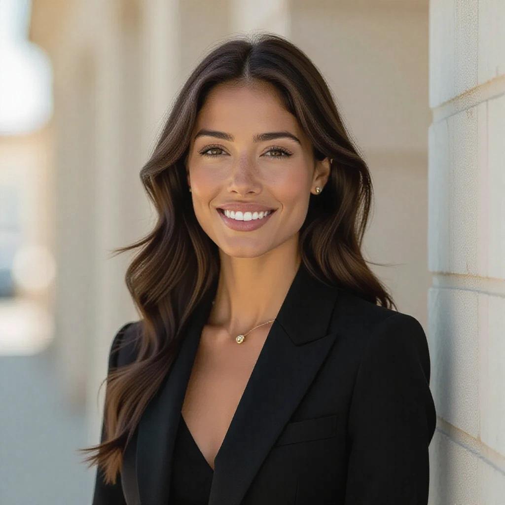 A woman with long hair smiling at the camera while wearing a black suit. She is standing against a wall in a well-lit outdoor environment. Her expression is warm and welcoming.