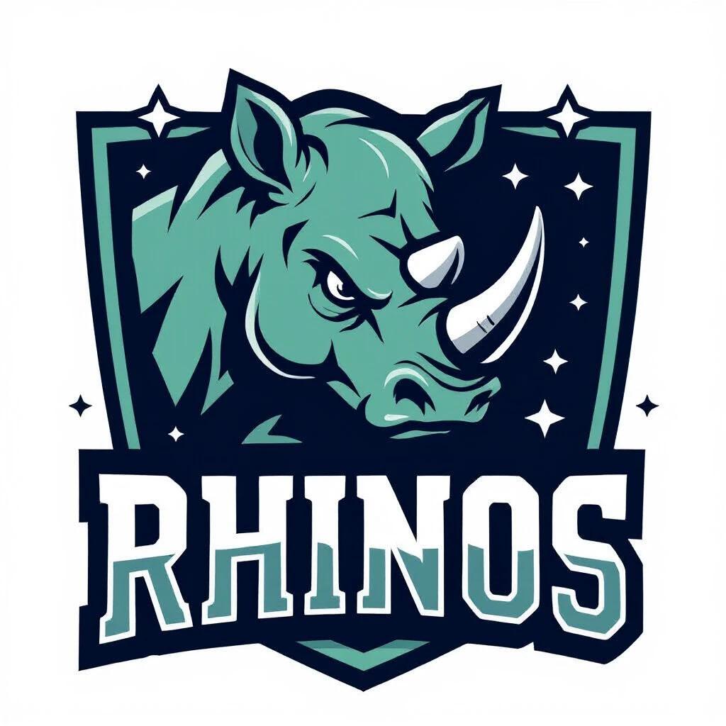 Logo design for a local football team called Rhinos. Strong and stylized rhino head viewed from a three-quarter angle. Sharp lines with a bold expression. The word Rhinos in large blocky letters beneath the icon. The rhino's horn points slightly forward and up. Stars and shield shapes accent the logo. Flat white background without a scene.