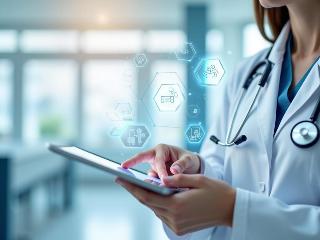 The image shows a person from the neck down wearing a white lab coat and a stethoscope, indicating a medical professional. This professional is interacting with a digital tablet, possibly reviewing patient information. They are situated in a modern medical environment, with light and airy background. Various healthcare-related icons float around them, representing technology in medicine. The overall setting reflects a blend of healthcare and advanced digital technology.