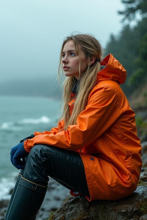 Young woman with long blonde hair in pigtails wearing an orange mackintosh and black trousers sitting by the sea. It is raining heavily with storm clouds in the background. She looks out at the sea containing feelings of nostalgia.