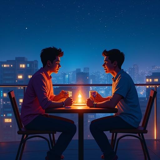 Two friends celebrating a big win on a terrace at night. They have cups in hand, city skyline and stars in the background. LED lights illuminate the scene as they discuss their bright future and bond over their success.