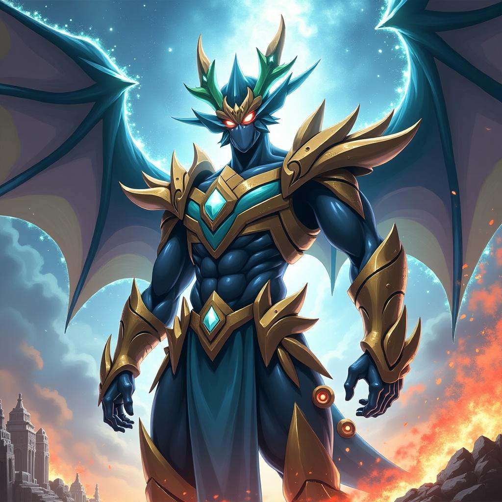 A legendary male warrior character with divine armor glowing with cosmic runes. He has a psychic energy aura and dark tendrils forming shadow wings. The armor has metallic details and gears, with effects of spatial distortion. He poses like a serpent, surrounded by green and gold energy. The background features a celestial battlefield with swirling galaxies and crumbling temples, all illustrated in a hyper-detailed anime style.