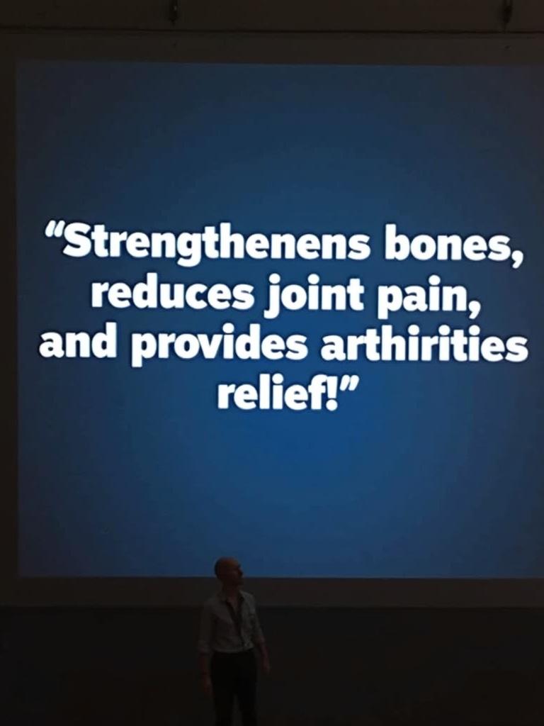 Text displayed on a screen emphasizing health benefits related to joint and bone care. Bold white font on dark blue background. Focus on arthritis relief.