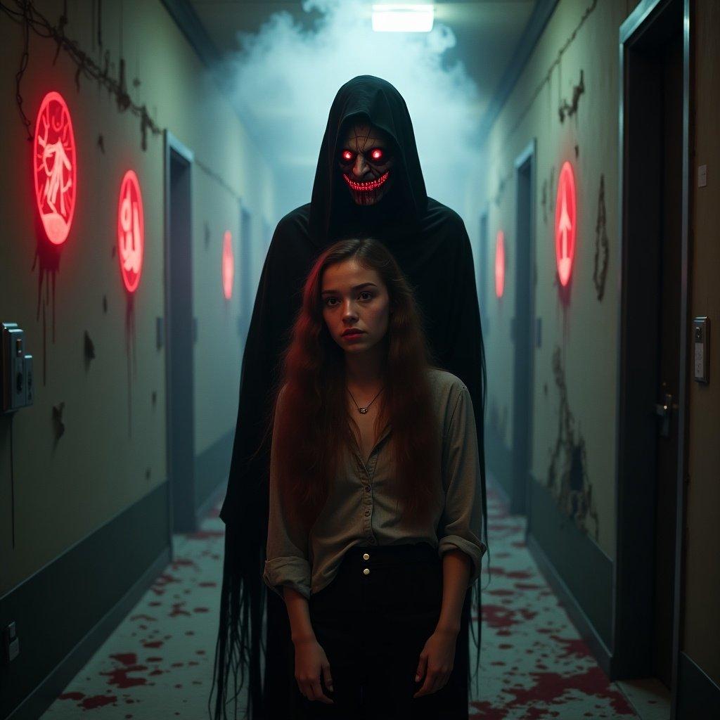 Bloodied ghostly figure with hollow eyes and sinister smile standing behind terrified young woman. Dark crumbling hallway with floating debris and glowing red symbols on walls. Chilling mist swirls around them.