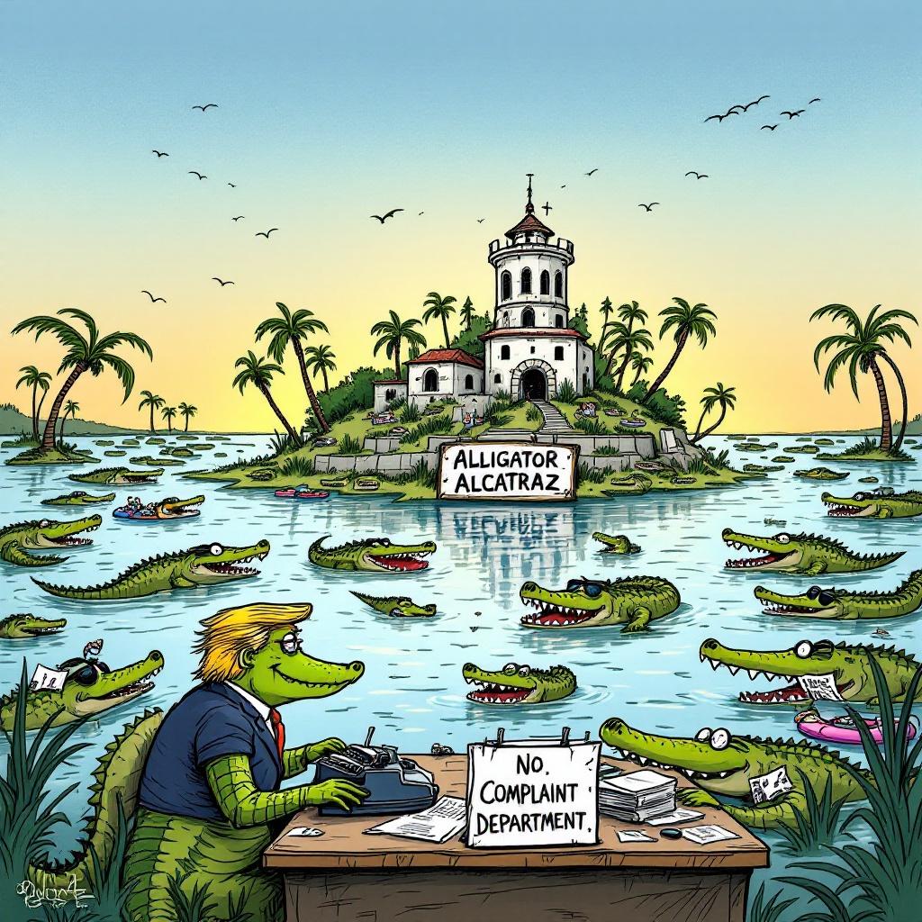 Imaginary prison island named Alligator Alcatraz surrounded by cartoon alligators in a swamp. An alligator at a typewriter. Sign shows Complaint Department. Palm trees under a sunset. Playful and satirical tone.