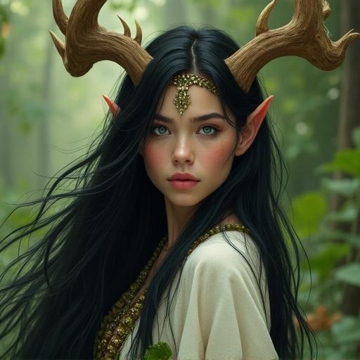 White female wood elf with long black hair and wooden horns. Green eyes and robe made of leaves and nature. Surrounded by a forest atmosphere.