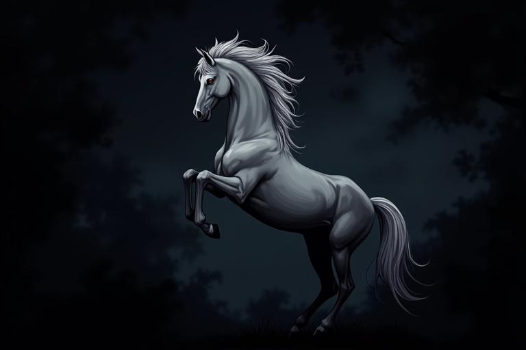 Isolated black background anime. A majestic gray horse rearing up against a dark swirling background.