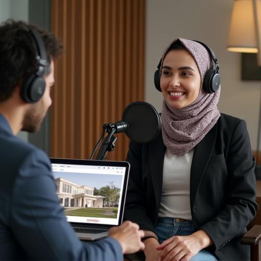 Young Egyptian woman engaged in a conversation in a podcast studio. She wears a trendy outfit and hijab, sitting confidently with a microphone. A laptop with real estate content is present. The space showcases modern design.