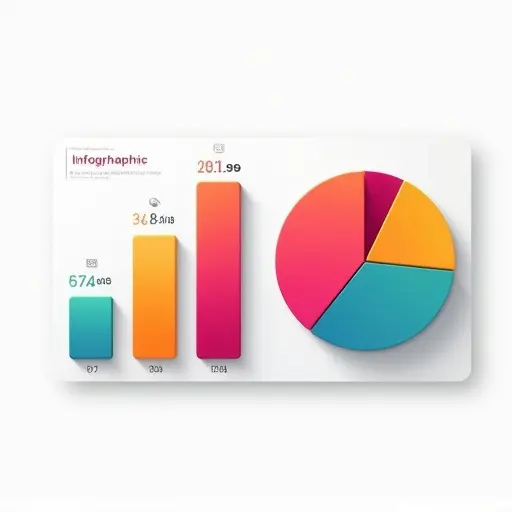 Clean infographic animation with left side showing five colorful vertical bars labeled with numeric values. Right side displays a rotating 3D pie chart. Background has soft abstract motion. Design is futuristic with smooth transitions.