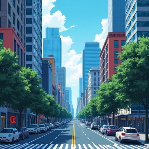 City viewed from the front in anime style. Buildings rise high with a clear blue sky. A vibrant city street lined with trees and cars stretches into the distance. Lively atmosphere with a modern feel.