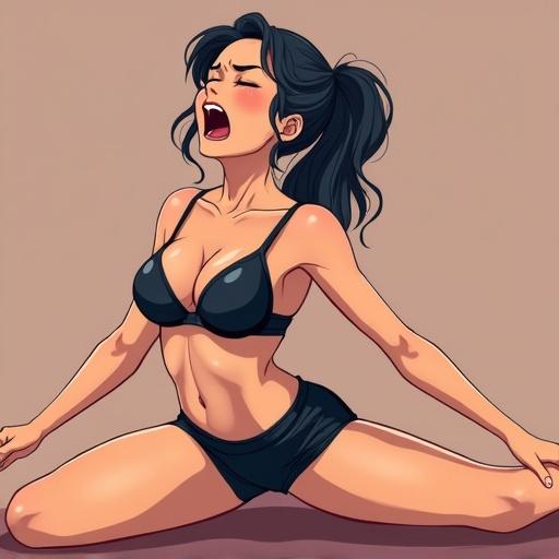 Anime style illustration of a young woman stretching into a split position. She wears a push up bra and shorts. Expression shows pain from the stretch. Includes a tight corset.