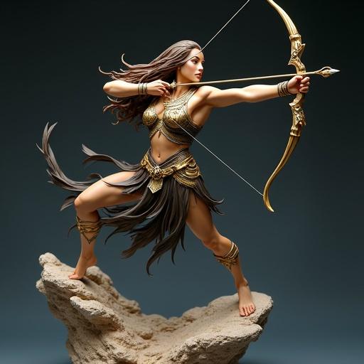 A resin statue represents a goddess inspired by Sagittarius zodiac. She exhibits a strong human physique with stylized muscular features. Elegant Egyptian armor characterizes her appearance with mystical touches. The pose is dynamic as she stands mid-air, drawing back an arrow in a bow. Her fierce expression conveys determination. Long brown hair flows dramatically in the wind. The armor combines golden elements and dark leather with sharp details. The base of the statue is a floating rock against a starry cosmic background.