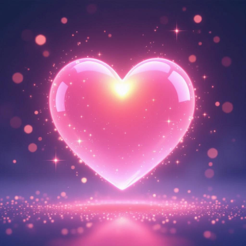 A glowing pink heart with a shiny surface appears to float in the air. It is surrounded by a magical aura and bright sparkles. The heart captures light beautifully creating a warm ambiance.