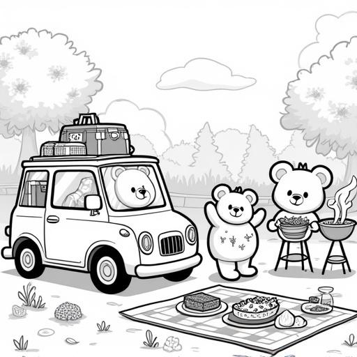 A black and white line art illustration shows four teddy bears at a picnic. One teddy bear is inside a small car with luggage. Another teddy bear waves in front of the car. Two bears use a grill in the background. Picnic blankets and food items are scattered around. Simplified trees and flowers complete the garden setting. Kawaii-style bears smile with distinct outlines. The illustration has clean lines, no shading, for coloring purposes.