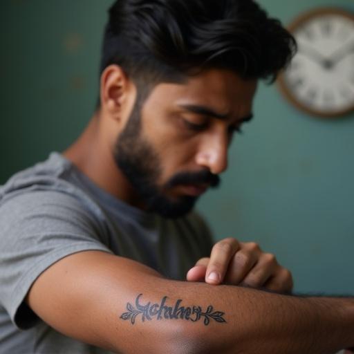 Close-up shot of an Indian man looking at his forearm tattoo. The tattoo displays the name 'ARCHANA' in a floral pattern. A ticking clock is visible in the background.