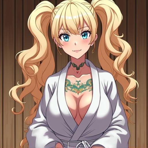 Anime character in a luxurious sauna. Woman has frosted blue eyes. Light blonde curly pigtails. Wearing a bathrobe. Displaying colorful traditional tattoos. Muscular build with defined six-pack abs. Extroverted expression. Inside a modern sauna. Futuristic and high-tech ambiance. Appearing confident and vibrant.