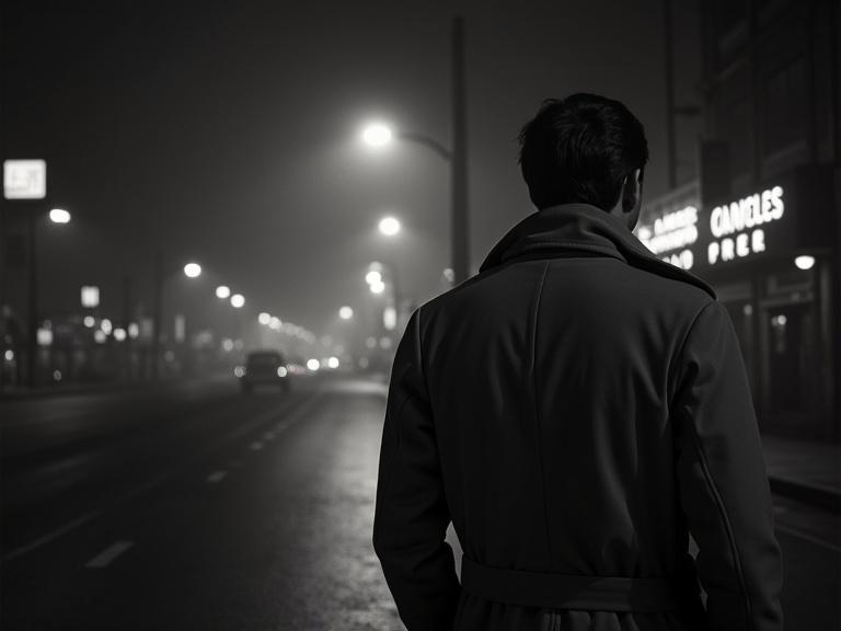 Shadowy street in Los Angeles during the 1940s. Neon signs flicker through cigarette smoke. Private detective Philip Marlowe stands under a streetlamp. His trench coat collar turned up against cold. Silhouettes of gangsters and Hollywood starlets blur into the fog. Atmosphere infused with intrigue and corruption.