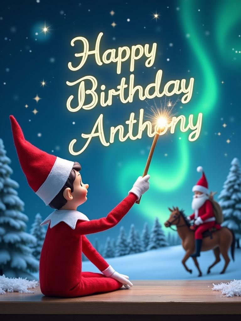 Elf on the shelf is back facing the sky. Holds a wand. Writing in the sky. Background shows magical Christmas scene with northern lights. Santa rides on a horse. The words ‘Happy Birthday Anthony’ are written in the sky.