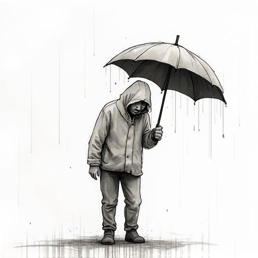 A tired person stands under a broken umbrella. The style is a scribbly emotional sketch using pencil and smudgy ink wash. The mood is dreary and ironic. The composition features vertical raindrop lines falling over the bent figure.