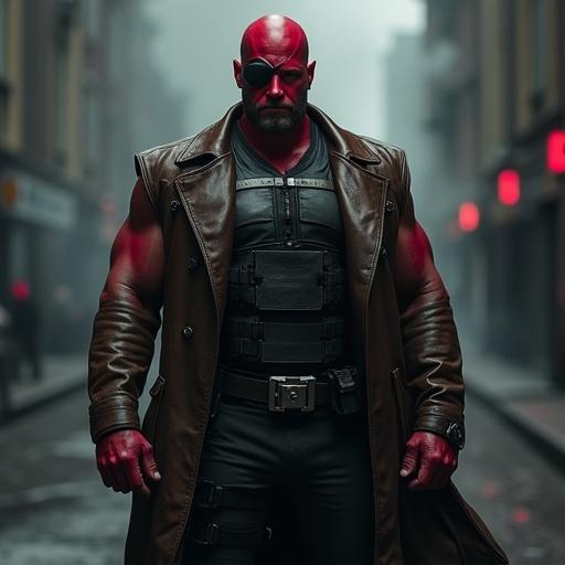 A tall muscular man with red skin wears an eye patch. He has a military outfit and a long brown trench coat. He stands in a dark urban environment with smoke and cold lighting.