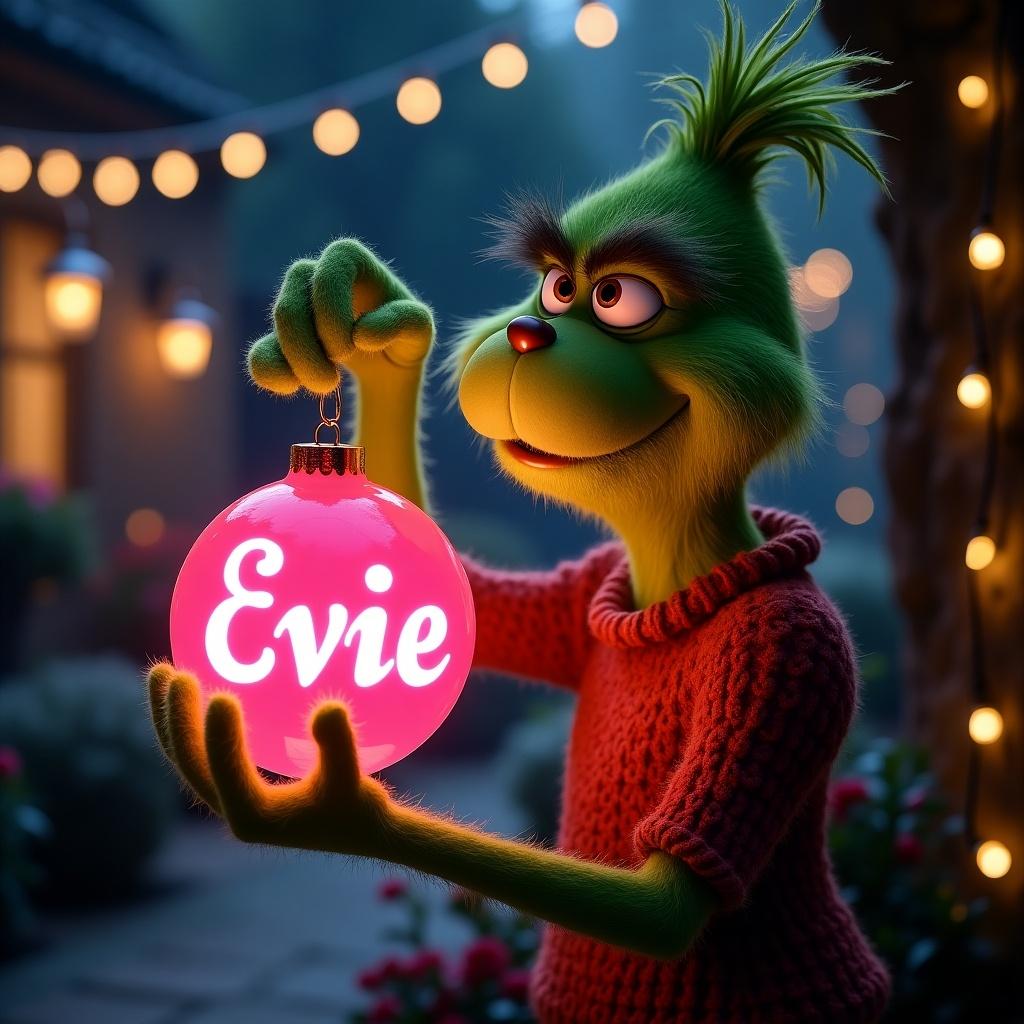 Night garden scene featuring the Grinch holding a glowing pink Christmas ornament. Ornament has name Evie in elegant script. Twinkling Christmas lights create a magical atmosphere.