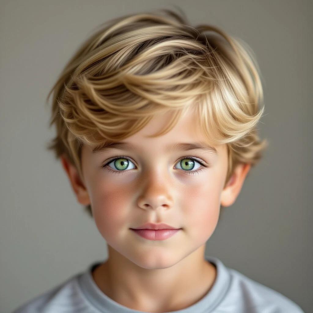 Portrait of a young boy with striking green eyes and stylish blonde hair wearing a simple light-colored shirt against a soft background.