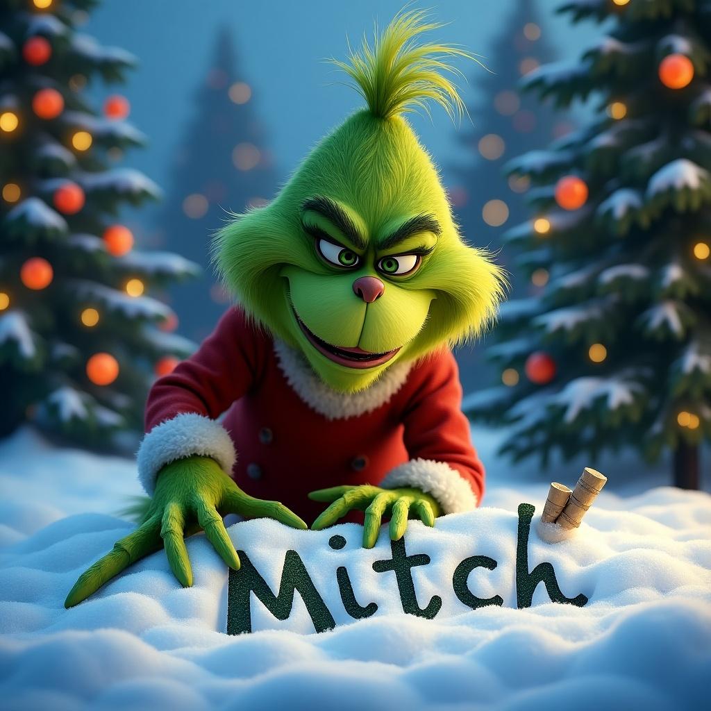 The Grinch writes Mitch in snow. Surrounded by Christmas trees. Festive atmosphere with lights and snow. Grinch character in animated style.