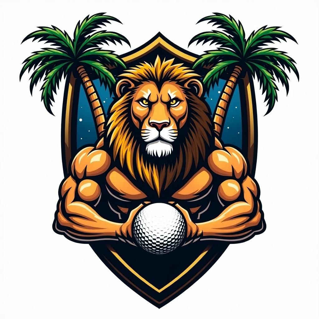 A creative shield design featuring a lion in the center. Lion symbolizes strength and courage. Two muscular warriors flank the lion. Tropical palm trees add nature and adventure themes. A golf ball represents sport and power. The shield appeals to sports and fitness enthusiasts. This artwork is vibrant and captures strength, nature, and athleticism.