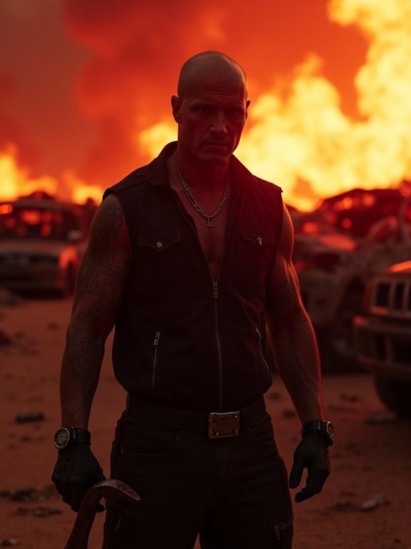 Dom Toretto depicted with a sinister look. Half face illuminated by flames while the other half remains in shadow. Holding a bloody wrench. Background of destroyed cars under a sunset sky with an apocalyptic feel. Ultra realistic and dramatic red and black lighting.