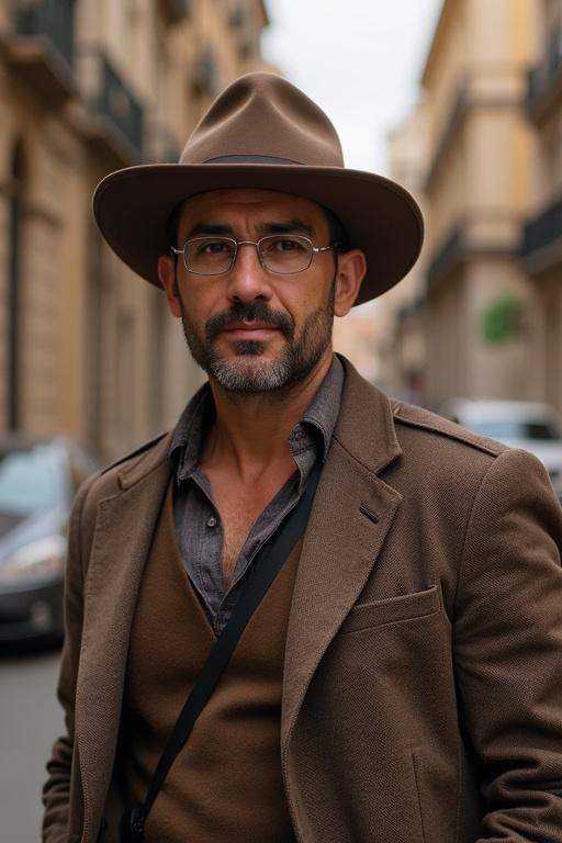 Spanish man with a brown hat and coat in a city setting. Street photography style. Serious expression. Natural light during the day. Urban background with buildings and cars.