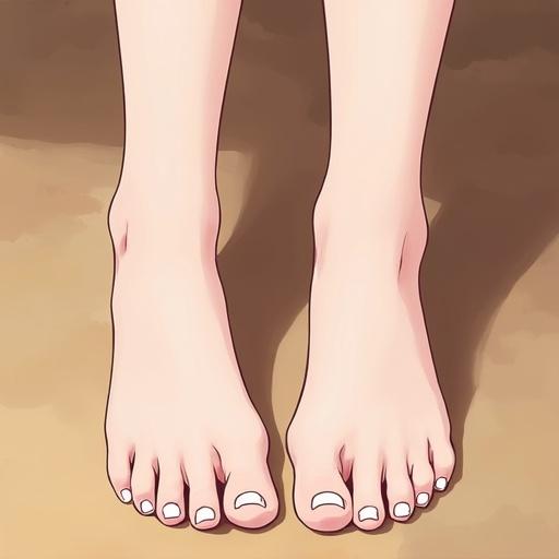 Illustration of a girl's feet. Cute feet with well-manicured toenails. Style is anime. Stirrup legwear adds to the look. Feet viewed from above.