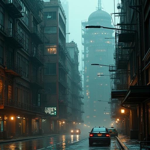Old buildings in a dystopian cityscape. Intricately detailed structures under rain. A sci-fi atmosphere with vaporwave influence. Cinematic presentation with chiaroscuro lighting.